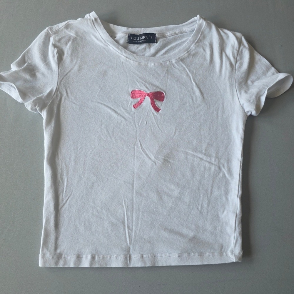 Liz & Sara Womens baby t White Short Sleeve Shirt Pink Bow Casual Cotton Blend
